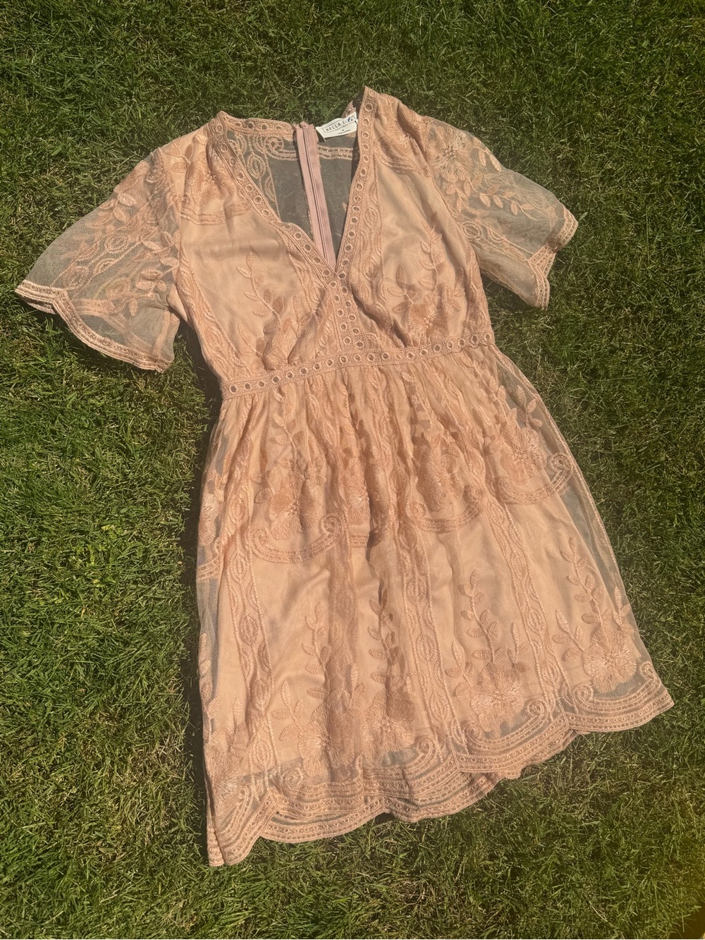 Women's Peach Lace V-Neck Dress